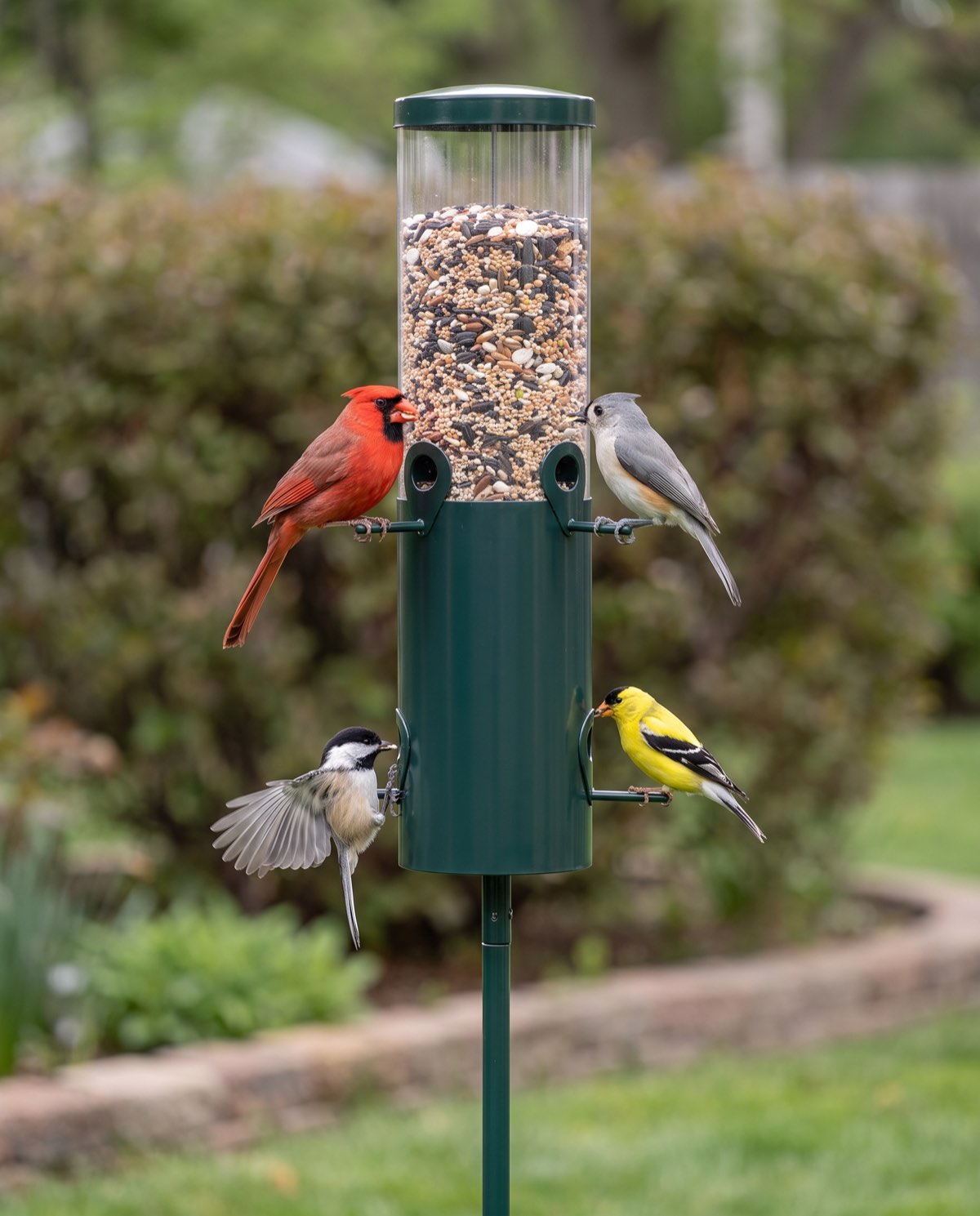 Several songbirds feeding at the station's four ports at once