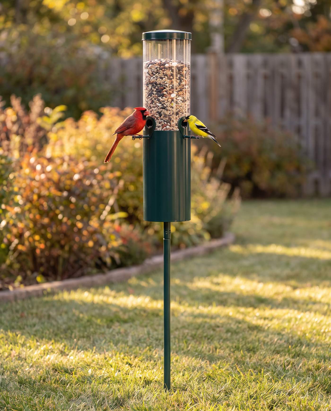 The Feeder Fort station standing in a backyard with songbirds feeding at all four ports
