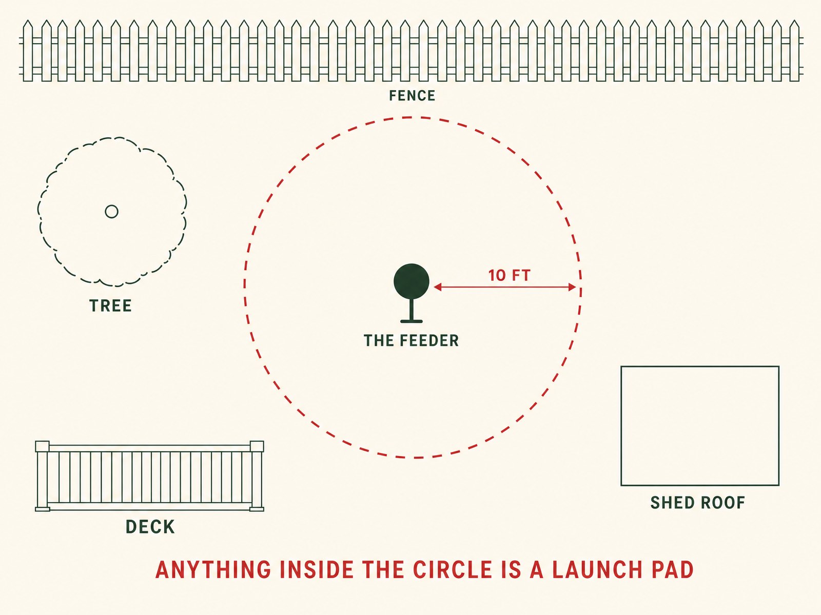 Overhead diagram of a yard showing the seven-foot minimum clearance ring around the feeder station, the wider ten-foot ring we recommend, and the fence, tree and shed a squirrel can jump from