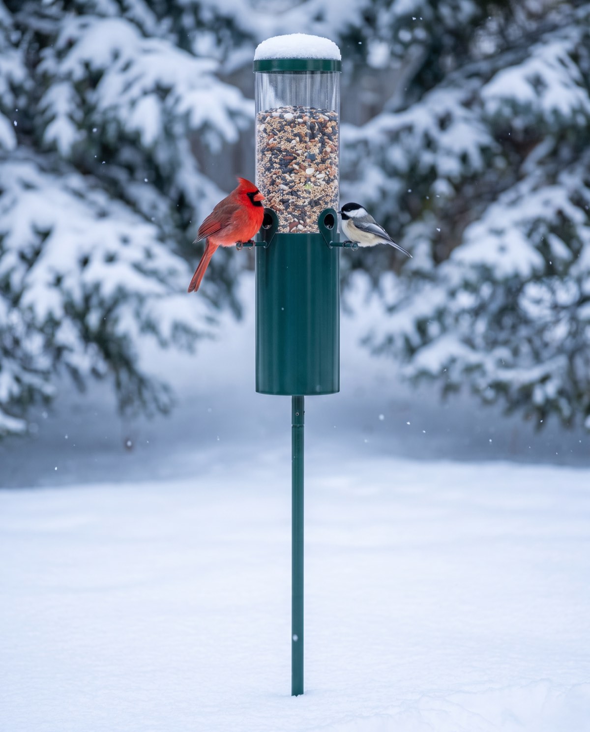The feeder station standing in snow, birds still feeding