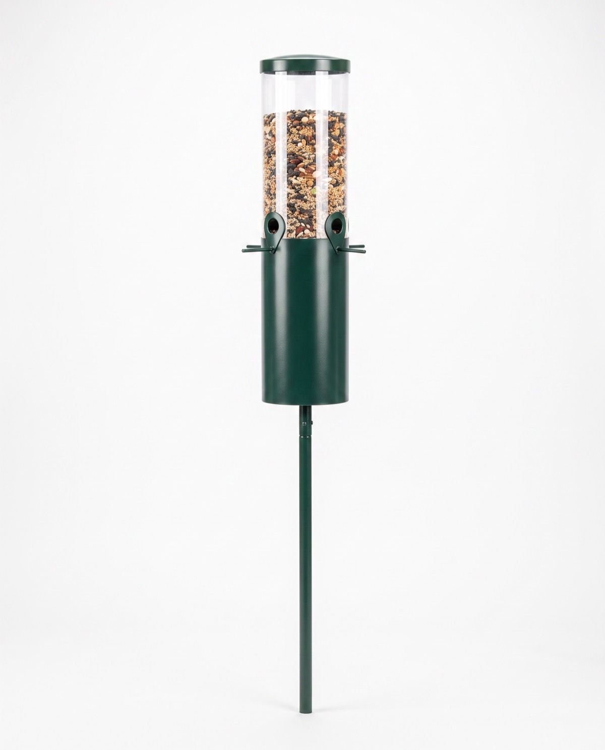 The feeder station on a white background, showing the steel frame, the pole sleeve guard, and the four perched ports